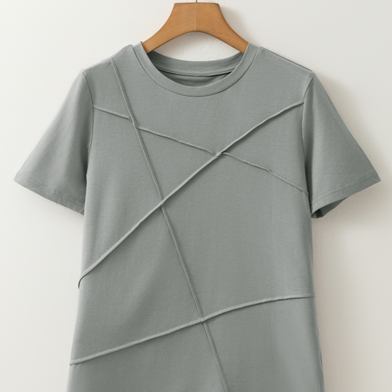 Medium Grey Solid Color Toothpick Stripe Round Neck T Shirt