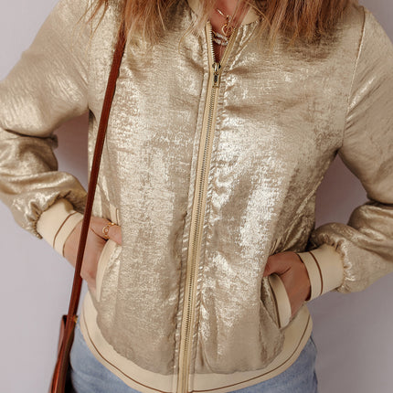 Pale Khaki Metallic Zip up Baseball Jacket