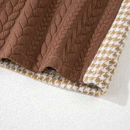 Khaki Houndstooth Color Contrast Textured Patchwork Loose Shacket