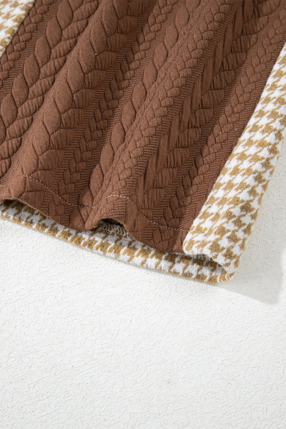 Khaki Houndstooth Color Contrast Textured Patchwork Loose Shacket