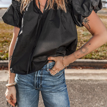 Black Ruffled Puff Short Sleeve Loose Blouse