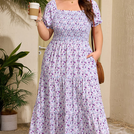Purple Plus Size Floral Print Square Neck Smocked Maxi Dress