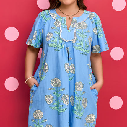 Sky Blue Plus Periwinkle Floral Printed Short Sleeve Striped Trim Split Neck Mini Dress