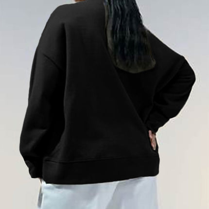 Black Solid Button Placket Crew Neck Plus Size Sweatshirt
