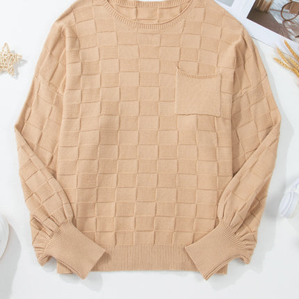 Light French Beige Solid Checkered Textured Knit Plus Size Sweater