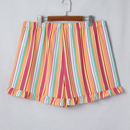 Orange Stripe Plus Size Elastic Waist Ruffle Hem Shorts