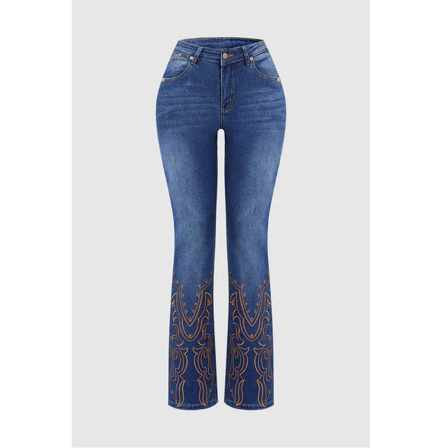 Womens Retro Beaded Embroidered Stretch Denim Jeans