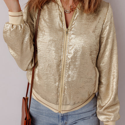 Pale Khaki Metallic Zip up Baseball Jacket