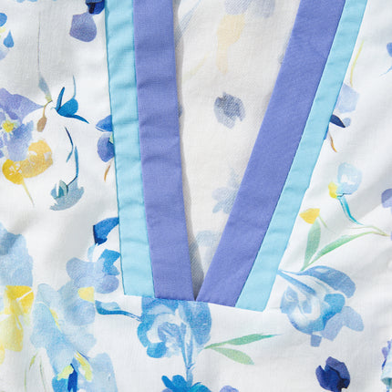 Sky Blue Floral Print Frilled Notched V Neck Blouse