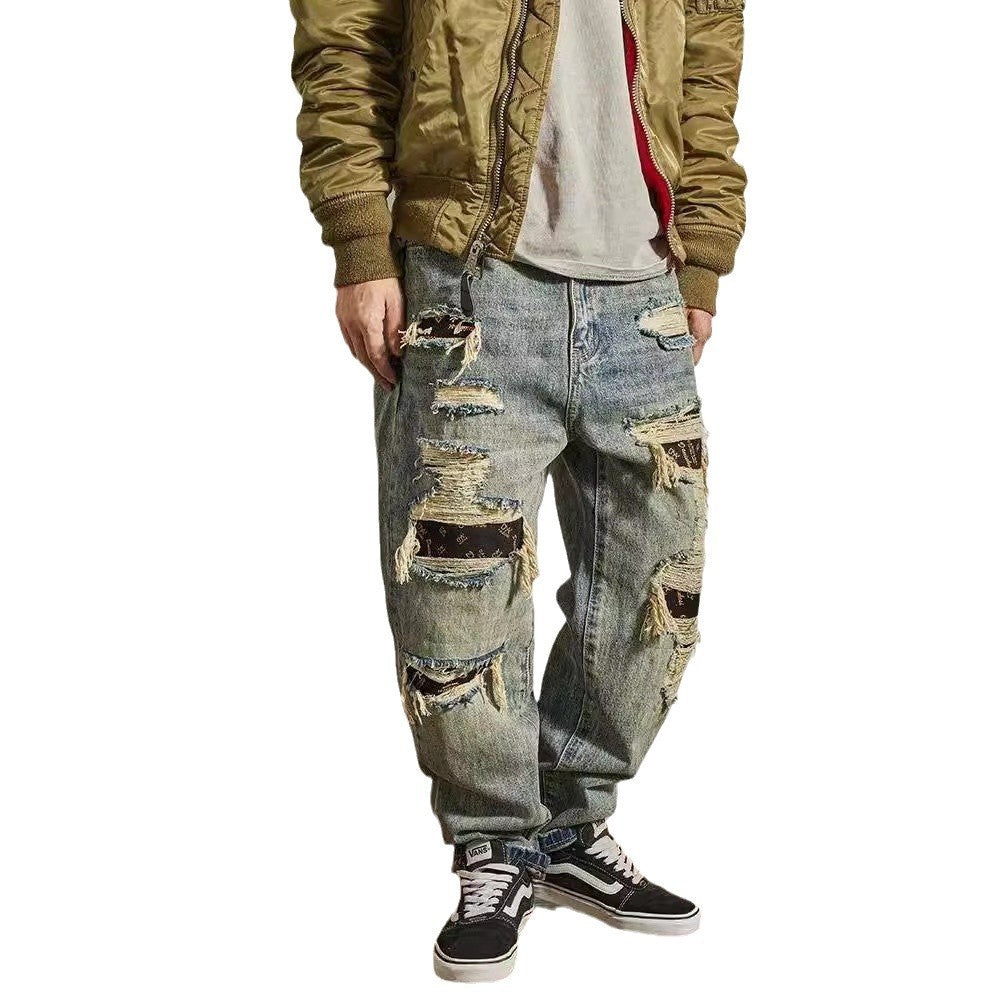 Jeans Men's Loose Straight Tapered Distressed Broken Holes Pants