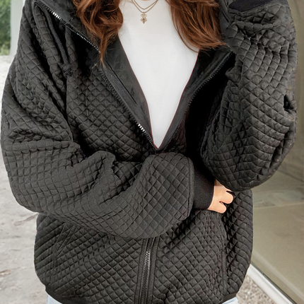 Black Quilted Side Pockets Zipper Hooded Jacket