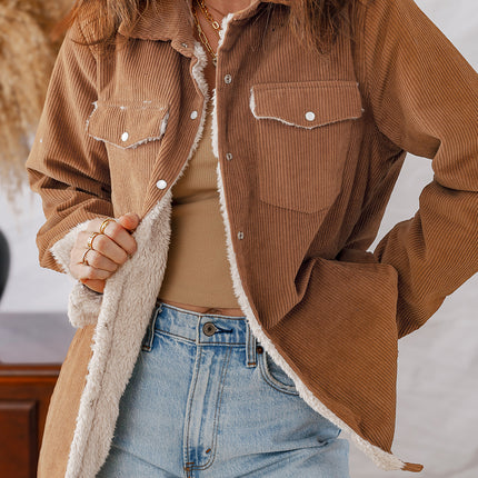 Cinnamon Fleece Lined Buttoned Flap Pockets Corduroy Jacket