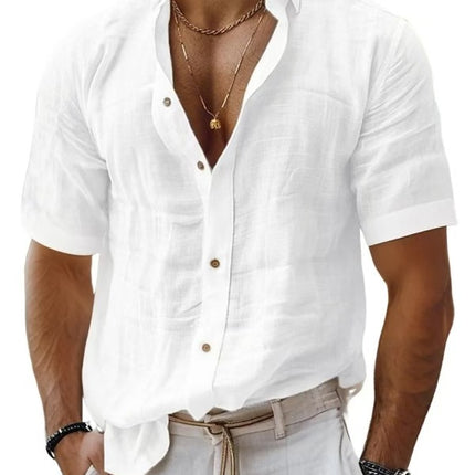 Men's Summer Men's Lapel Shirt Solid Color Short Sleeve Cotton Linen Shirt