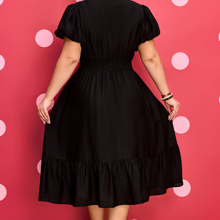 Black Leopard V Neck Patchwork Smocked Waist Plus Size Ruffled Dress