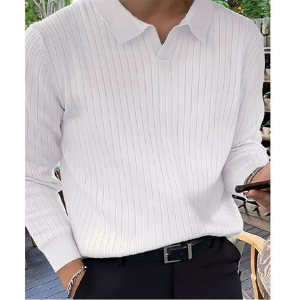 New Men's Lapel Knitted Long-sleeved T-shirt