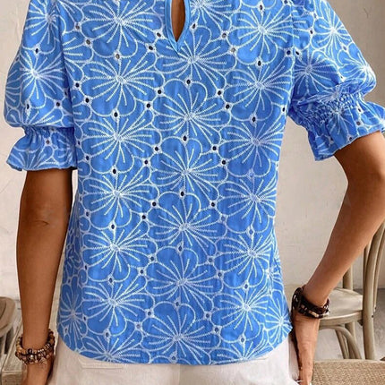 Sky Blue Eyelet Flower Embroidery Frilled Short Puff Sleeve Blouse