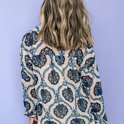 Blue Tribal Pattern Buttoned Front Loose Shirt