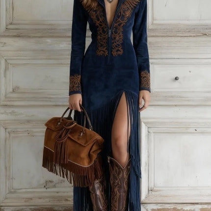 Women Retro Ethnic Tassel Floral Zipper Long Dress