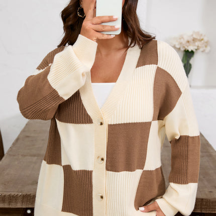 Khaki Checkered Ribbed Texture Knit Plus Size Cardigan Sweater