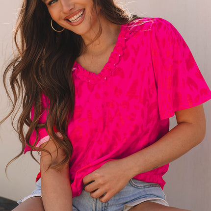 Rose Leopard Frilly V Neck Short Sleeve Blouse