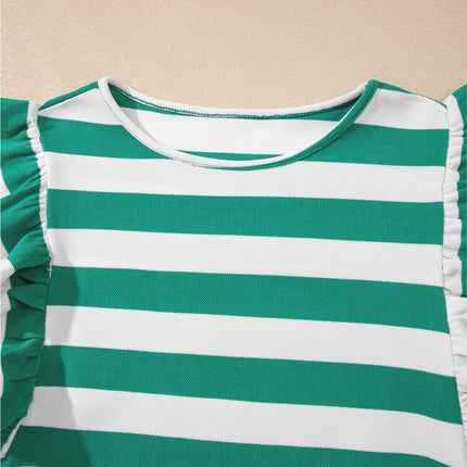 Green Stripe Flutter Sleeve Round Neck T Shirt