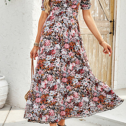 Brown Mesh Leopard Floral Reversible V Neck Short Sleeve Dress