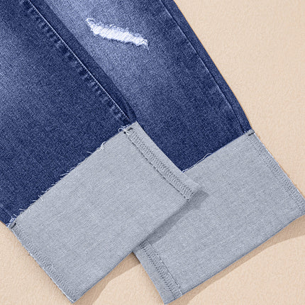 Real Teal Folded Cuffs Distressed Straight High Waist Jeans