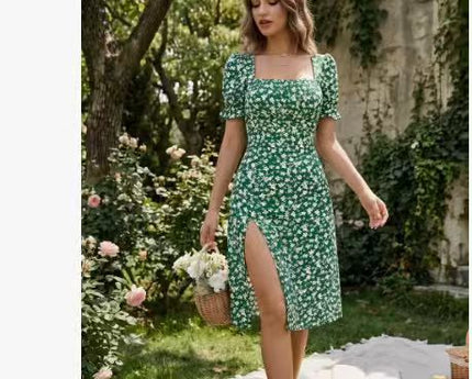Women's French-style Square-neck Floral Print Dress