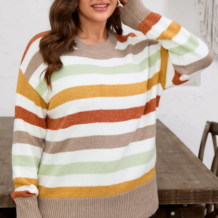 Multicolour Striped Colorblock Drop Shoulder Plus Size Sweater