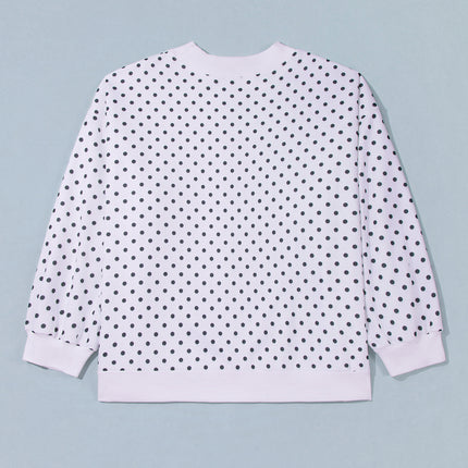 White Polka Dot Ribbed Stand Neck Plus Size Casual Sweatshirt