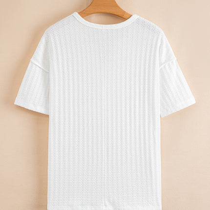White Textured Hollow Grommet Placket Split Neck Short Sleeve Top