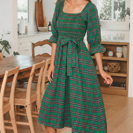 Green Tartan Plaid Square Neck Puff Sleeve Knot Waist Flared Midi Dress