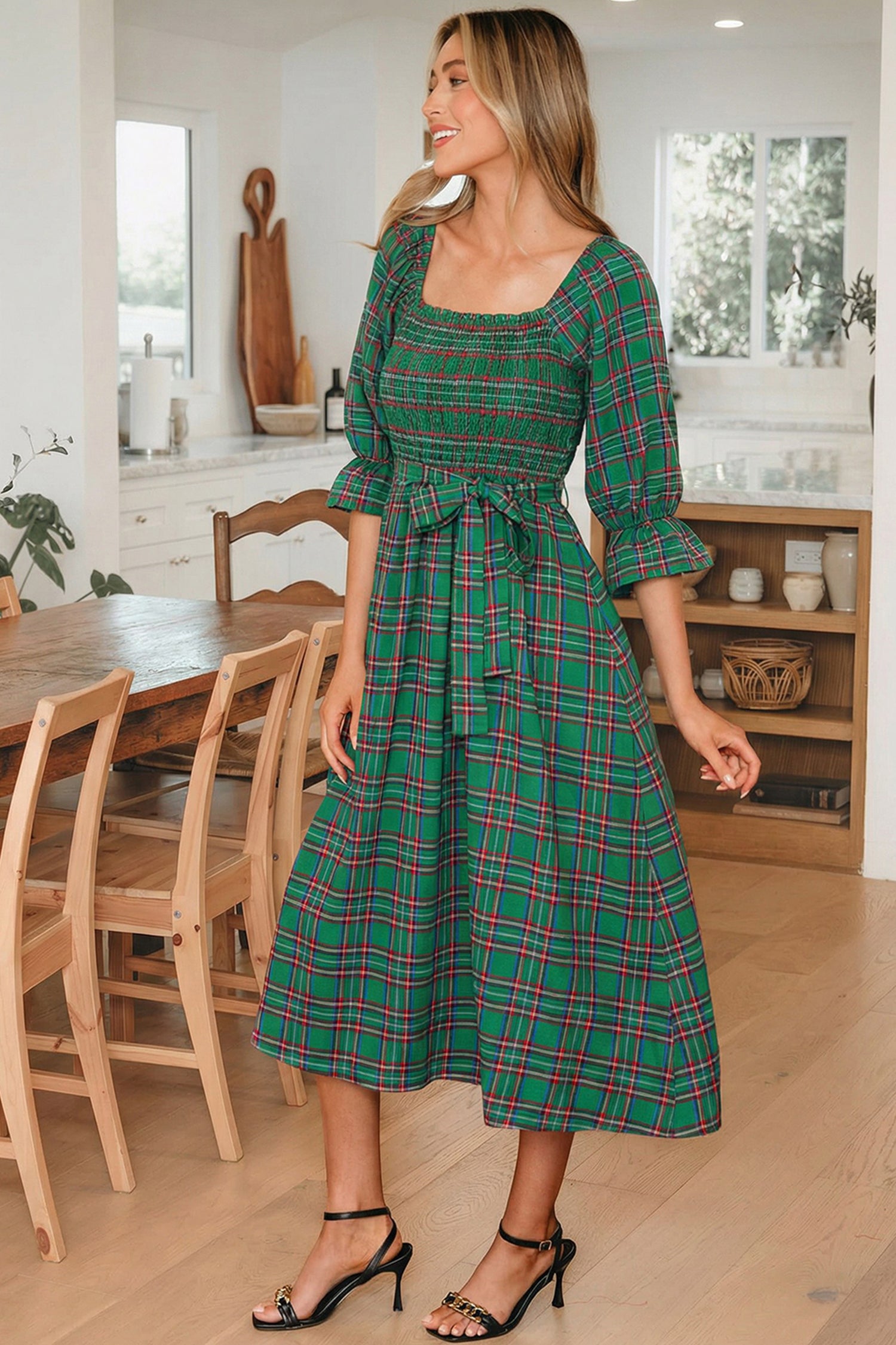 Green Tartan Plaid Square Neck Puff Sleeve Knot Waist Flared Midi Dress