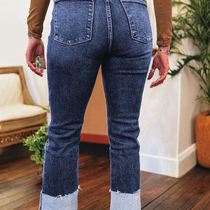 Real Teal Folded Cuffs Distressed Straight High Waist Jeans