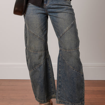 Sail Blue Exposed Stitching Loose Straight High Waist Jeans