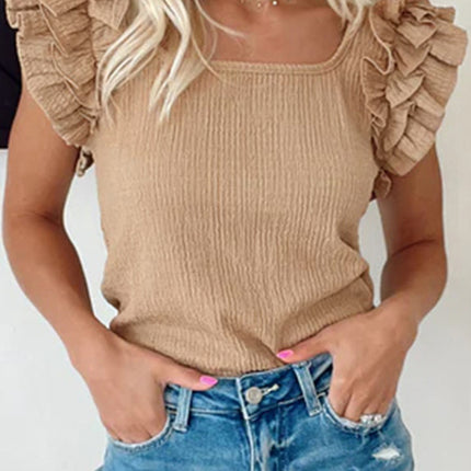 Smoke Gray Ruffled Tiered Sleeve Square Neck Textured Top