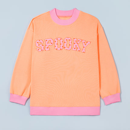 Grapefruit Orange Contrast Polka Dot Slogan Graphic Color Block Mock Neck Plus Sweatshirt