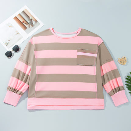Pink Stripe Raw Seam Patchwork Drop Shoulder Plus Size Sweatshirt