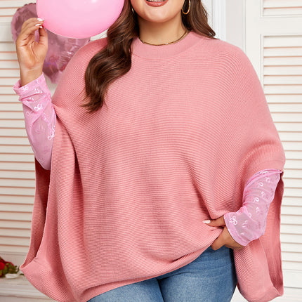 Light Pink Ribbed Knit Half Sleeve Plus Size Poncho Style Sweater