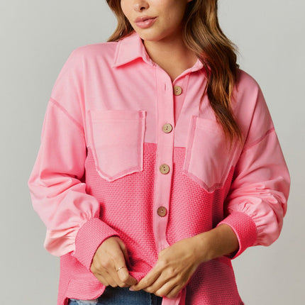 Peach Blossom Two Tone Contrast Waffle Knit Buttoned Loose Shacket