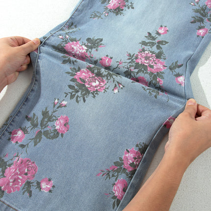 Sky Blue Plus Size Floral Print Ankle Length Loose Jeans