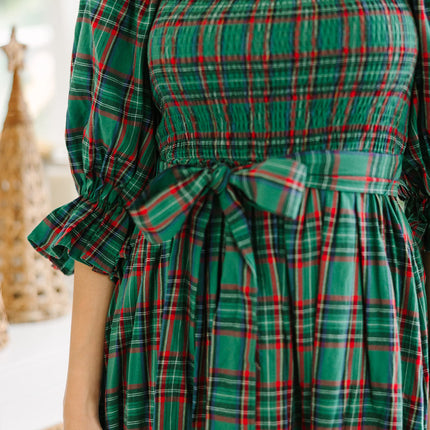 Green Tartan Plaid Square Neck Puff Sleeve Knot Waist Flared Midi Dress
