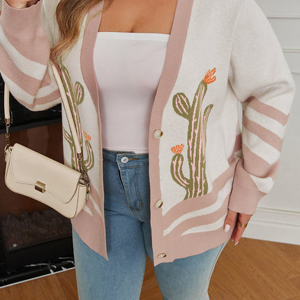Apricot Western Desert Cactus Print Plus Size Button Cardigan Sweater