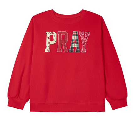 Coffee PRAY Letter Patchwork Round Neck Long Sleeve Plus Size Sweatshirt
