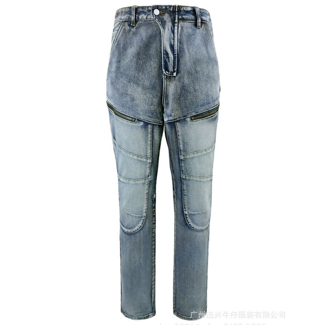 European And American Motorcycle Double Zipper Cycling Pants Four Seasons Slim Racing Anti-fall Jeans