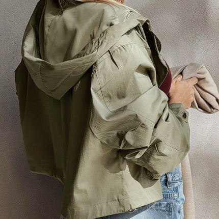 Laurel Green Zipped Pocket Cropped Hooded Utility Jacket