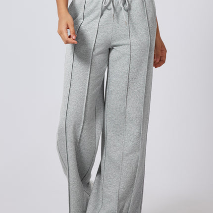 Gray Seamed Drawstring High Waist Wide Leg Sweatpants