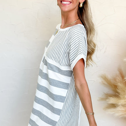 Gray Stripe Mixed Printed Short Sleeve Shift Mini T Shirt Dress