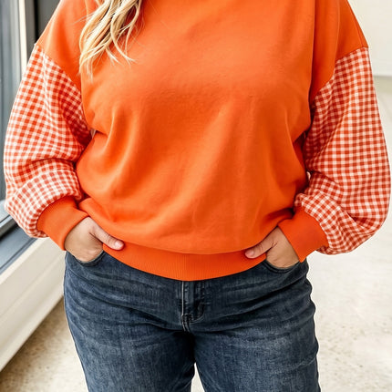 Fiery Red Patchwork Plaid Loose Fit Long Sleeve Plus Size Sweatshirt