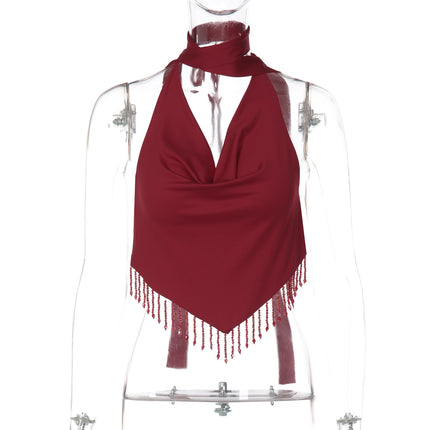 Lace Up Back Hollow Out Design Statement Tassel Camisole For Women